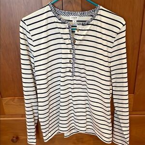 J. Crew Women's Navy and White Striped Top.  Ruffle Stripe Trim. Medium.